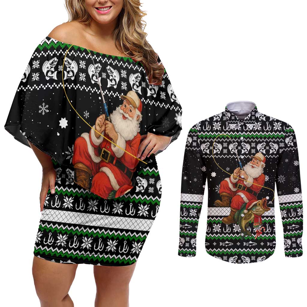 Santa Claus Fishing Christmas Couples Matching Off Shoulder Short Dress and Long Sleeve Button Shirt Xmas Holiday Patterns - Wonder Print Shop