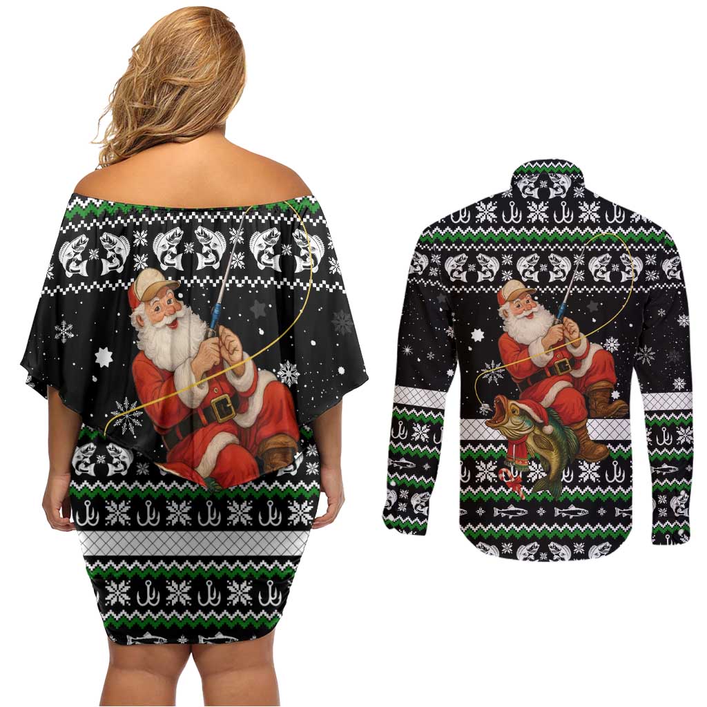 Santa Claus Fishing Christmas Couples Matching Off Shoulder Short Dress and Long Sleeve Button Shirt Xmas Holiday Patterns - Wonder Print Shop