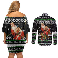 Santa Claus Fishing Christmas Couples Matching Off Shoulder Short Dress and Long Sleeve Button Shirt Xmas Holiday Patterns - Wonder Print Shop