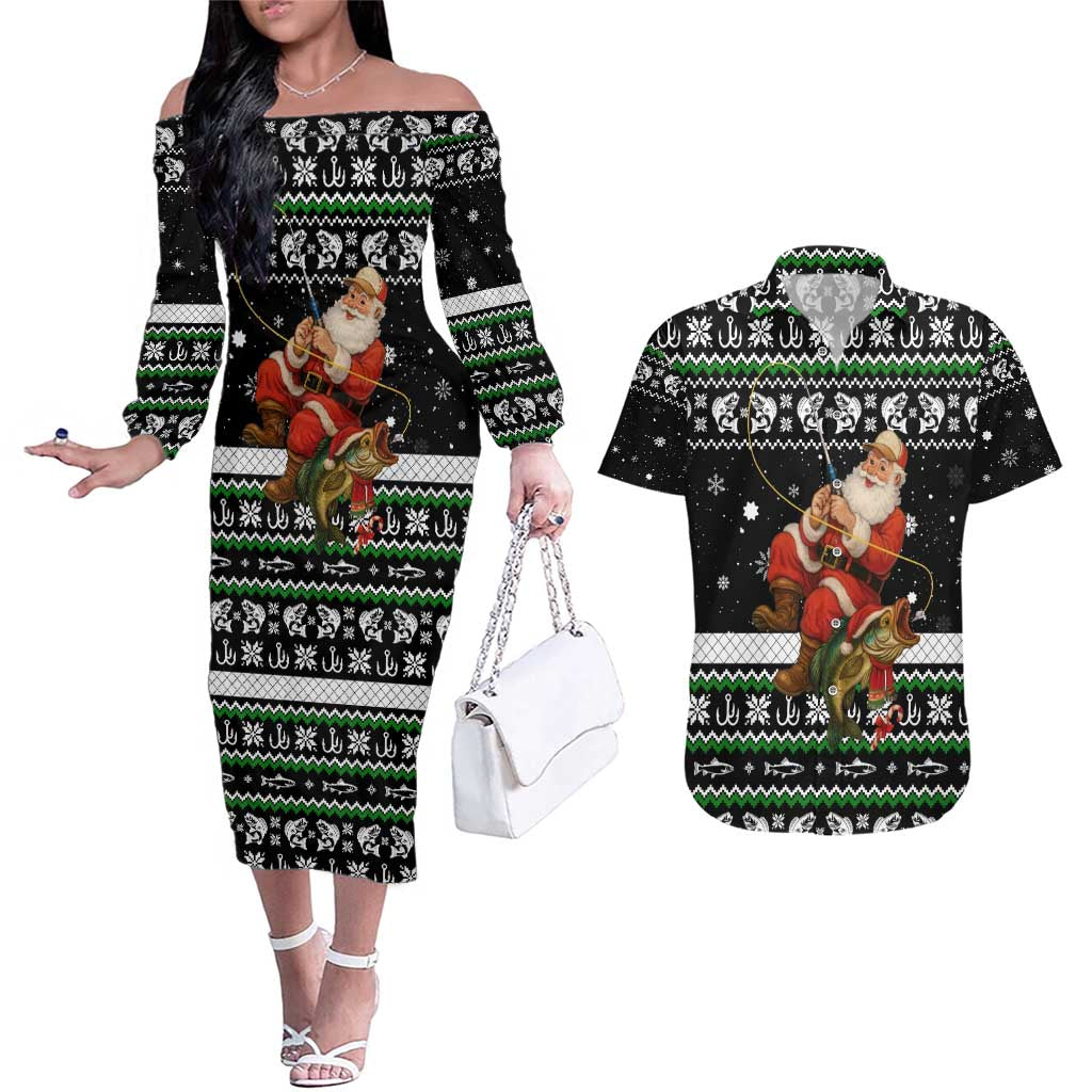 Santa Claus Fishing Christmas Couples Matching Off The Shoulder Long Sleeve Dress and Hawaiian Shirt Xmas Holiday Patterns - Wonder Print Shop