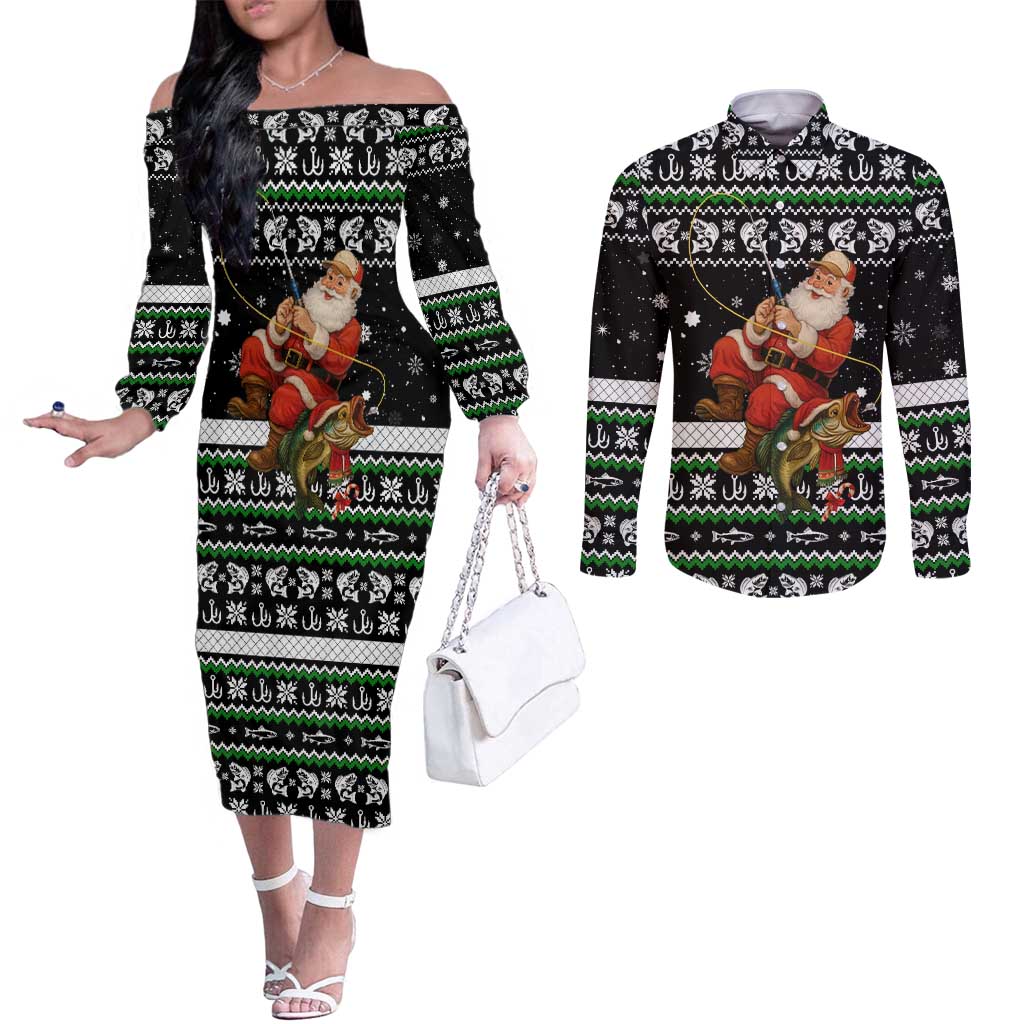 Santa Claus Fishing Christmas Couples Matching Off The Shoulder Long Sleeve Dress and Long Sleeve Button Shirt Xmas Holiday Patterns - Wonder Print Shop