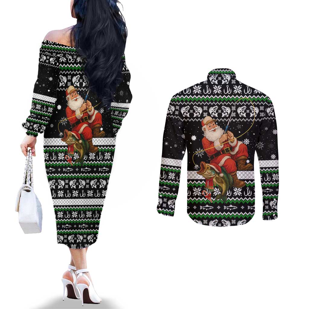 Santa Claus Fishing Christmas Couples Matching Off The Shoulder Long Sleeve Dress and Long Sleeve Button Shirt Xmas Holiday Patterns - Wonder Print Shop