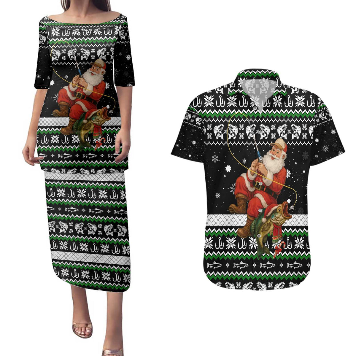 Santa Claus Fishing Christmas Couples Matching Puletasi and Hawaiian Shirt Xmas Holiday Patterns - Wonder Print Shop