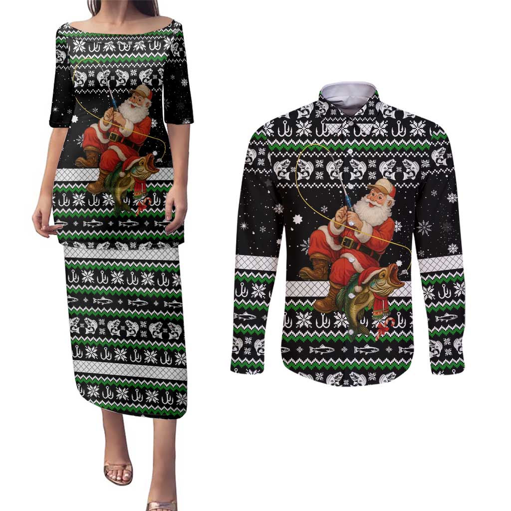 Santa Claus Fishing Christmas Couples Matching Puletasi and Long Sleeve Button Shirt Xmas Holiday Patterns - Wonder Print Shop
