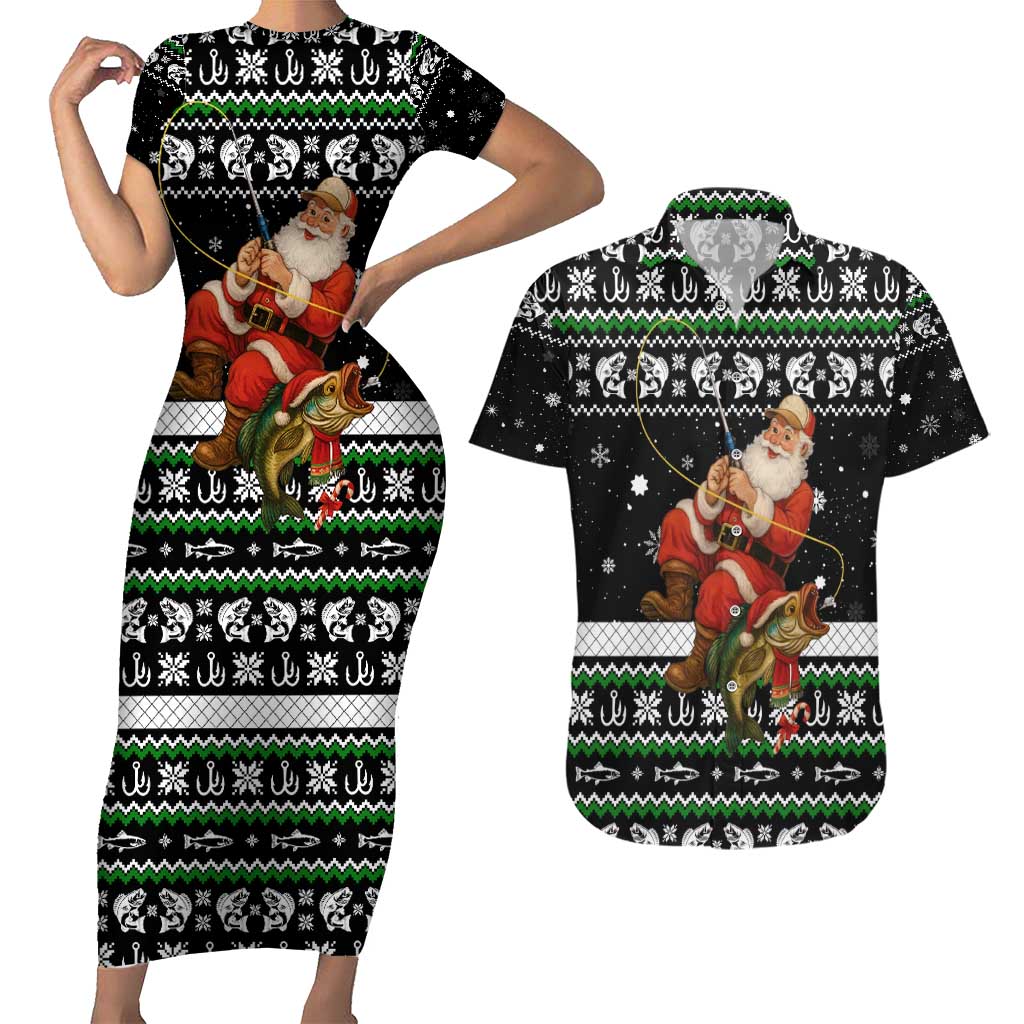 Santa Claus Fishing Christmas Couples Matching Short Sleeve Bodycon Dress and Hawaiian Shirt Xmas Holiday Patterns - Wonder Print Shop