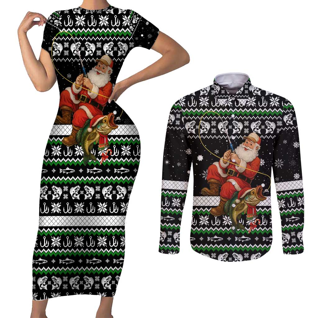 Santa Claus Fishing Christmas Couples Matching Short Sleeve Bodycon Dress and Long Sleeve Button Shirt Xmas Holiday Patterns - Wonder Print Shop