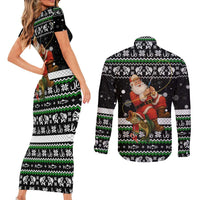 Santa Claus Fishing Christmas Couples Matching Short Sleeve Bodycon Dress and Long Sleeve Button Shirt Xmas Holiday Patterns - Wonder Print Shop