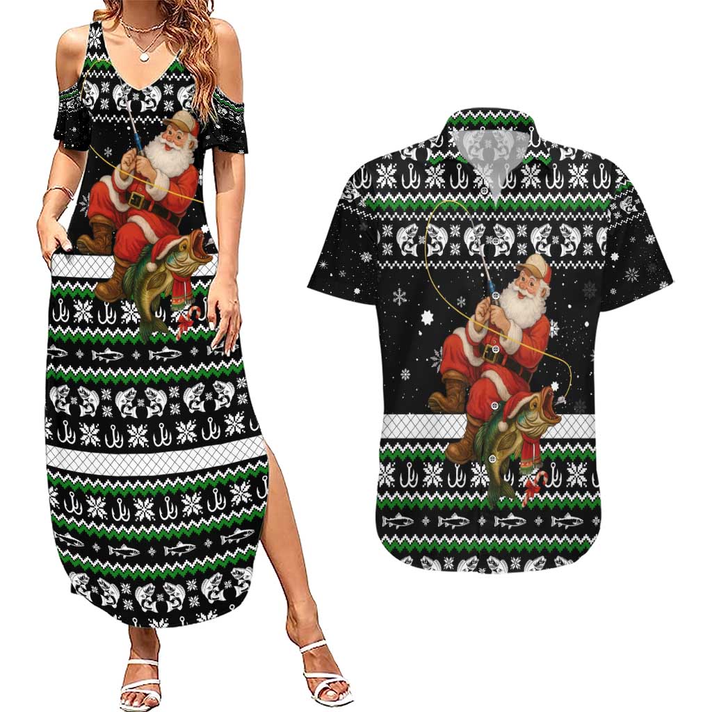 Santa Claus Fishing Christmas Couples Matching Summer Maxi Dress and Hawaiian Shirt Xmas Holiday Patterns - Wonder Print Shop
