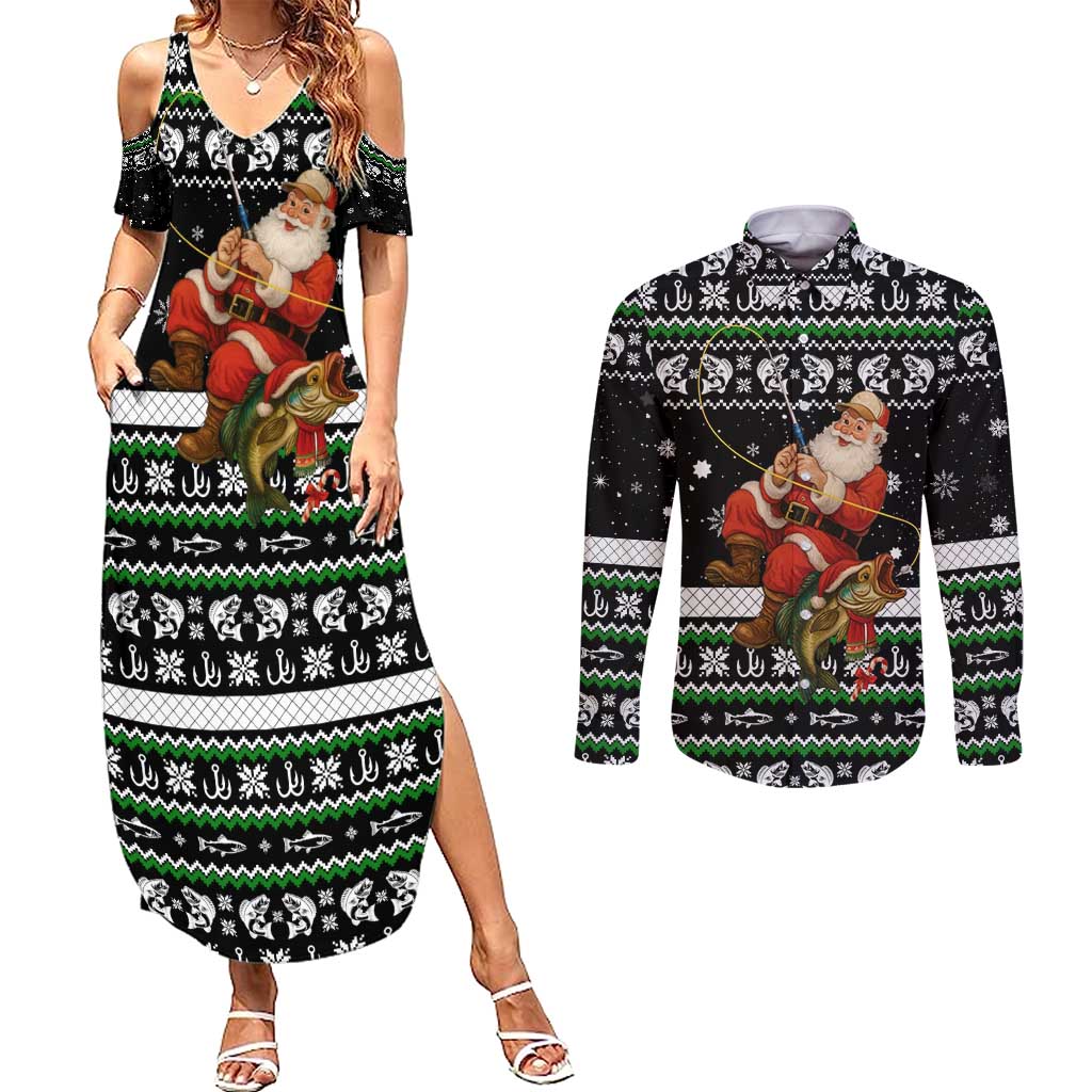 Santa Claus Fishing Christmas Couples Matching Summer Maxi Dress and Long Sleeve Button Shirt Xmas Holiday Patterns - Wonder Print Shop