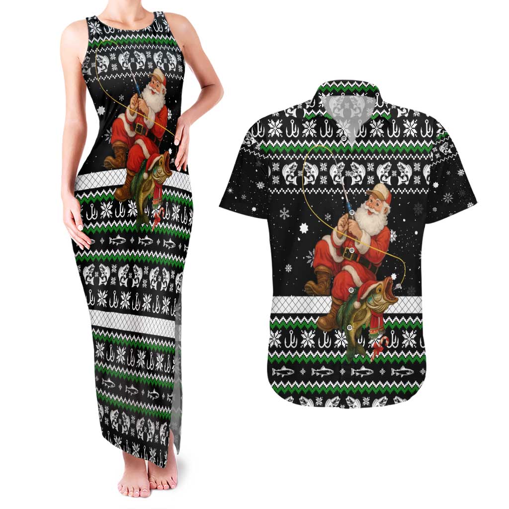 Santa Claus Fishing Christmas Couples Matching Tank Maxi Dress and Hawaiian Shirt Xmas Holiday Patterns - Wonder Print Shop