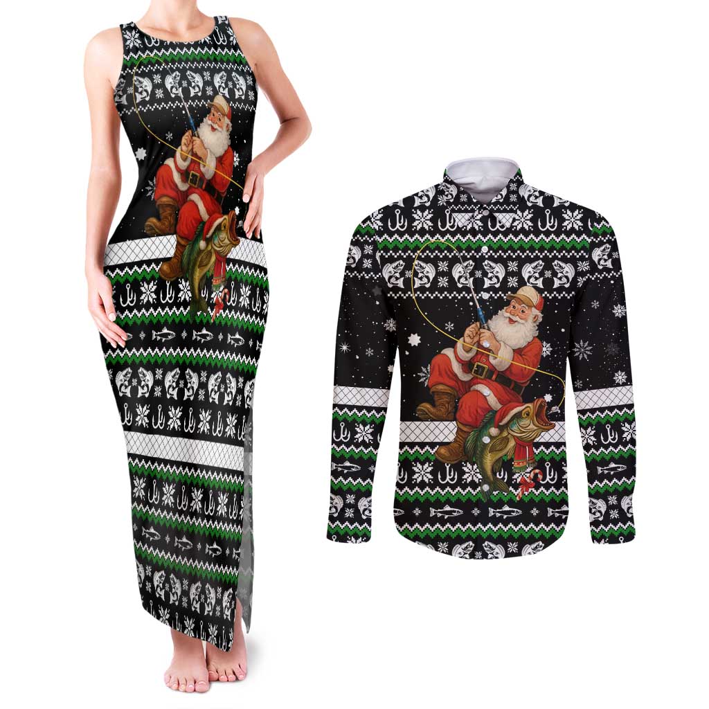 Santa Claus Fishing Christmas Couples Matching Tank Maxi Dress and Long Sleeve Button Shirt Xmas Holiday Patterns - Wonder Print Shop