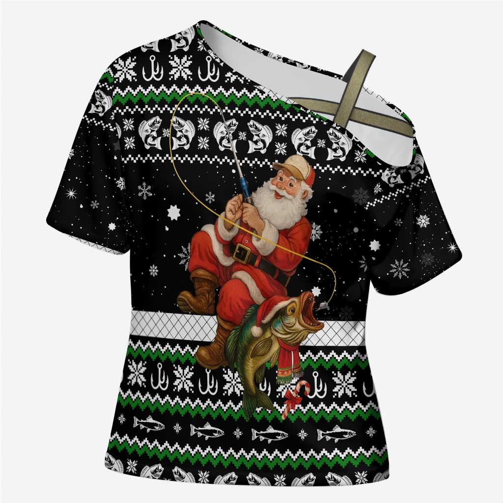 Santa Claus Fishing Christmas Cross Shoulder Shirt Xmas Holiday Patterns - Wonder Print Shop