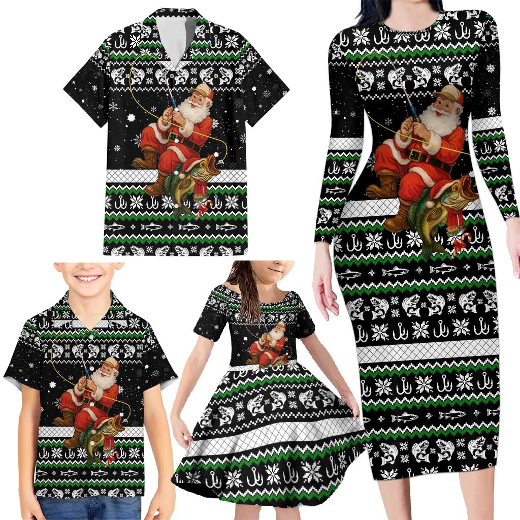 Santa Claus Fishing Christmas Family Matching Long Sleeve Bodycon Dress and Hawaiian Shirt Xmas Holiday Patterns - Wonder Print Shop