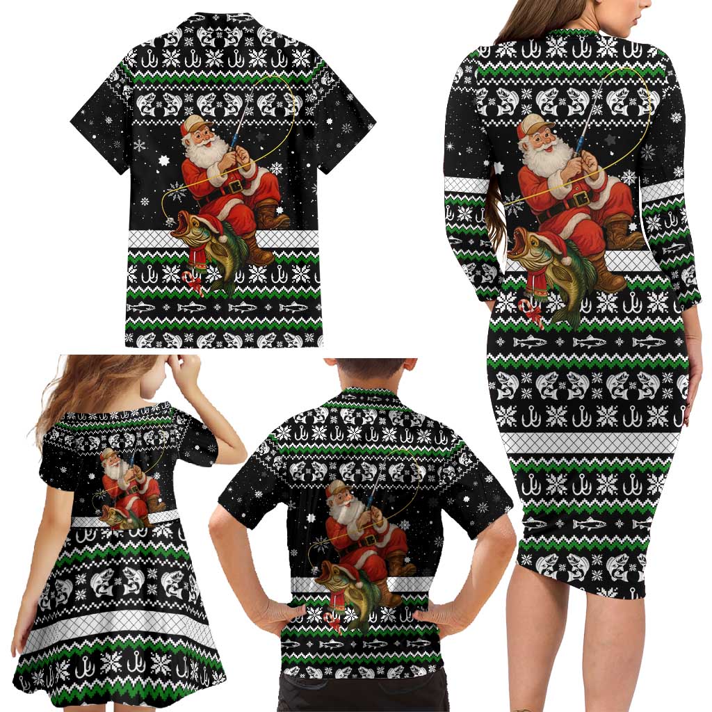 Santa Claus Fishing Christmas Family Matching Long Sleeve Bodycon Dress and Hawaiian Shirt Xmas Holiday Patterns - Wonder Print Shop