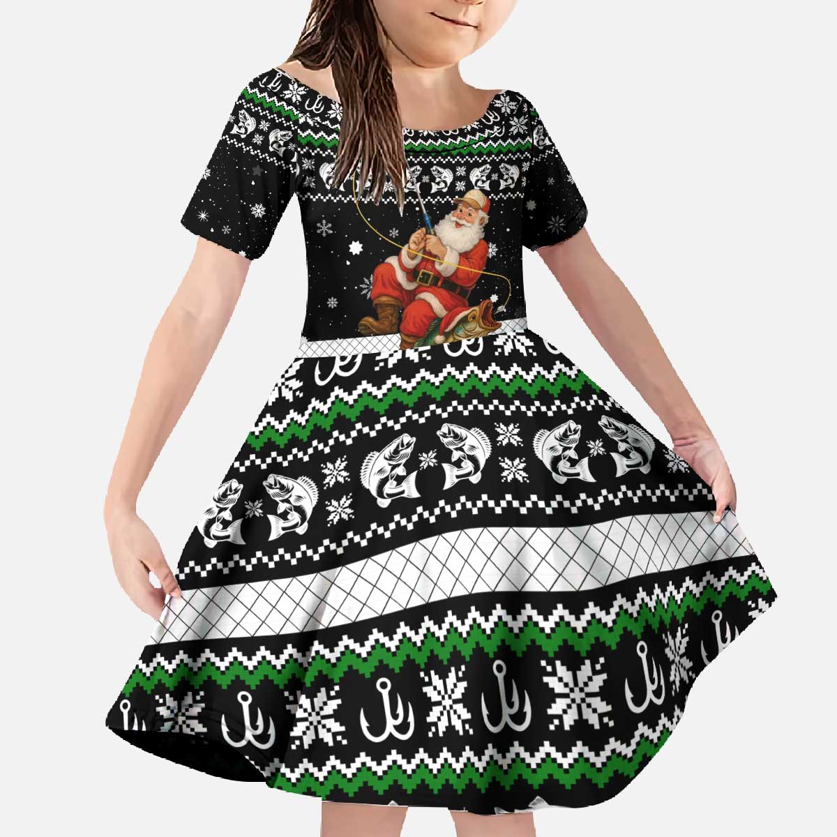 Santa Claus Fishing Christmas Family Matching Off The Shoulder Long Sleeve Dress and Hawaiian Shirt Xmas Holiday Patterns - Wonder Print Shop