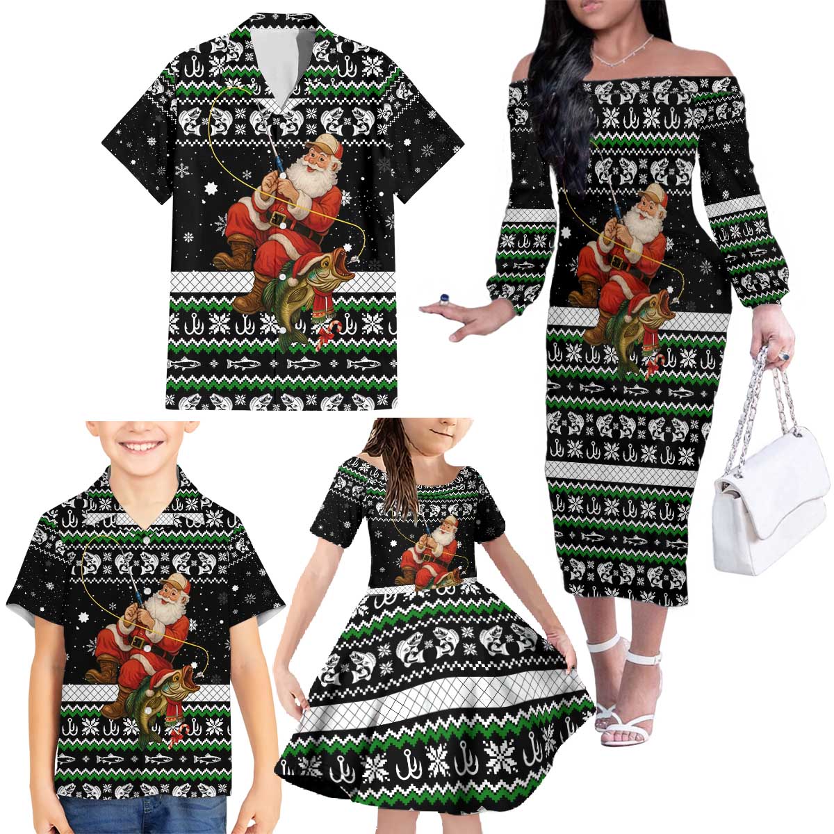 Santa Claus Fishing Christmas Family Matching Off The Shoulder Long Sleeve Dress and Hawaiian Shirt Xmas Holiday Patterns - Wonder Print Shop