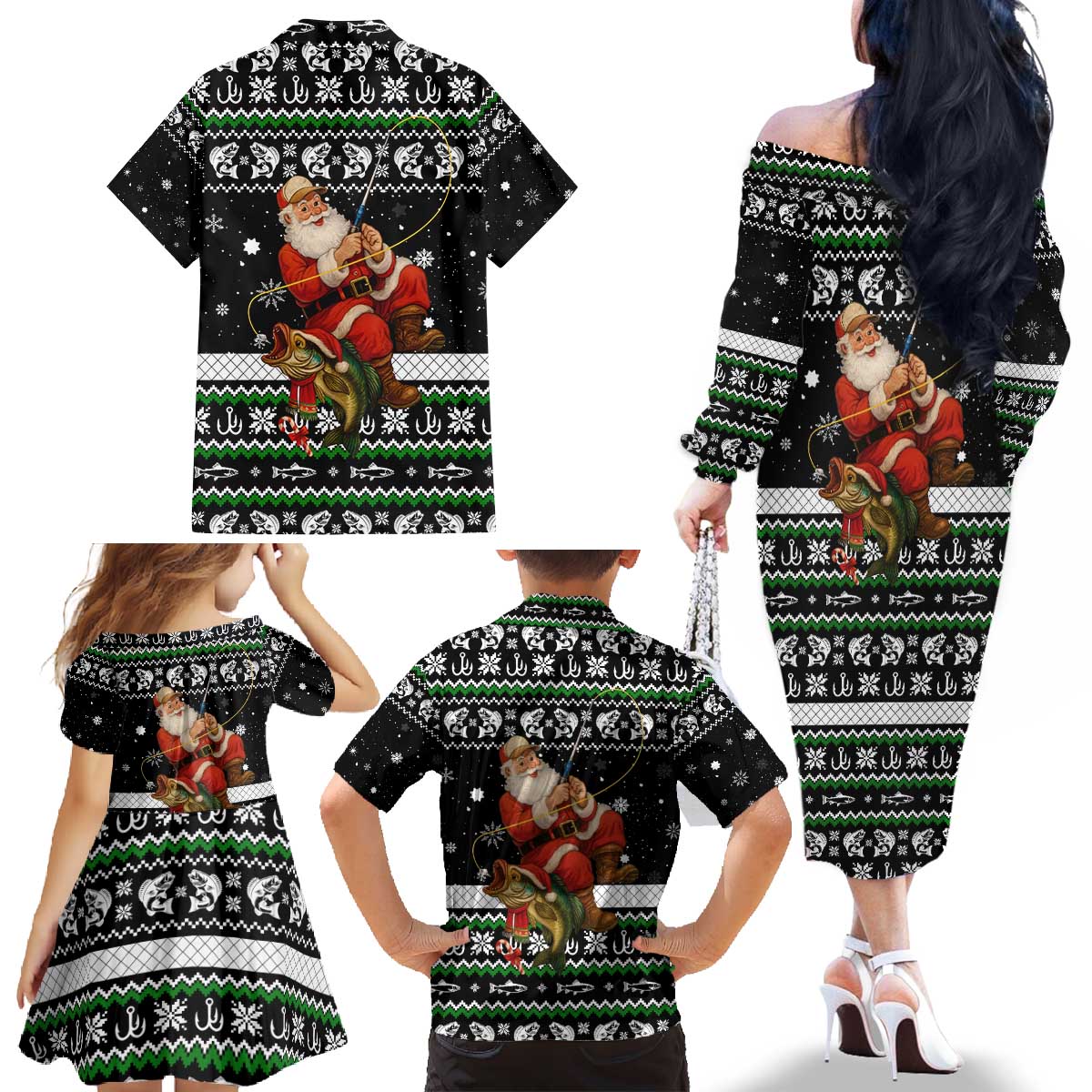 Santa Claus Fishing Christmas Family Matching Off The Shoulder Long Sleeve Dress and Hawaiian Shirt Xmas Holiday Patterns - Wonder Print Shop
