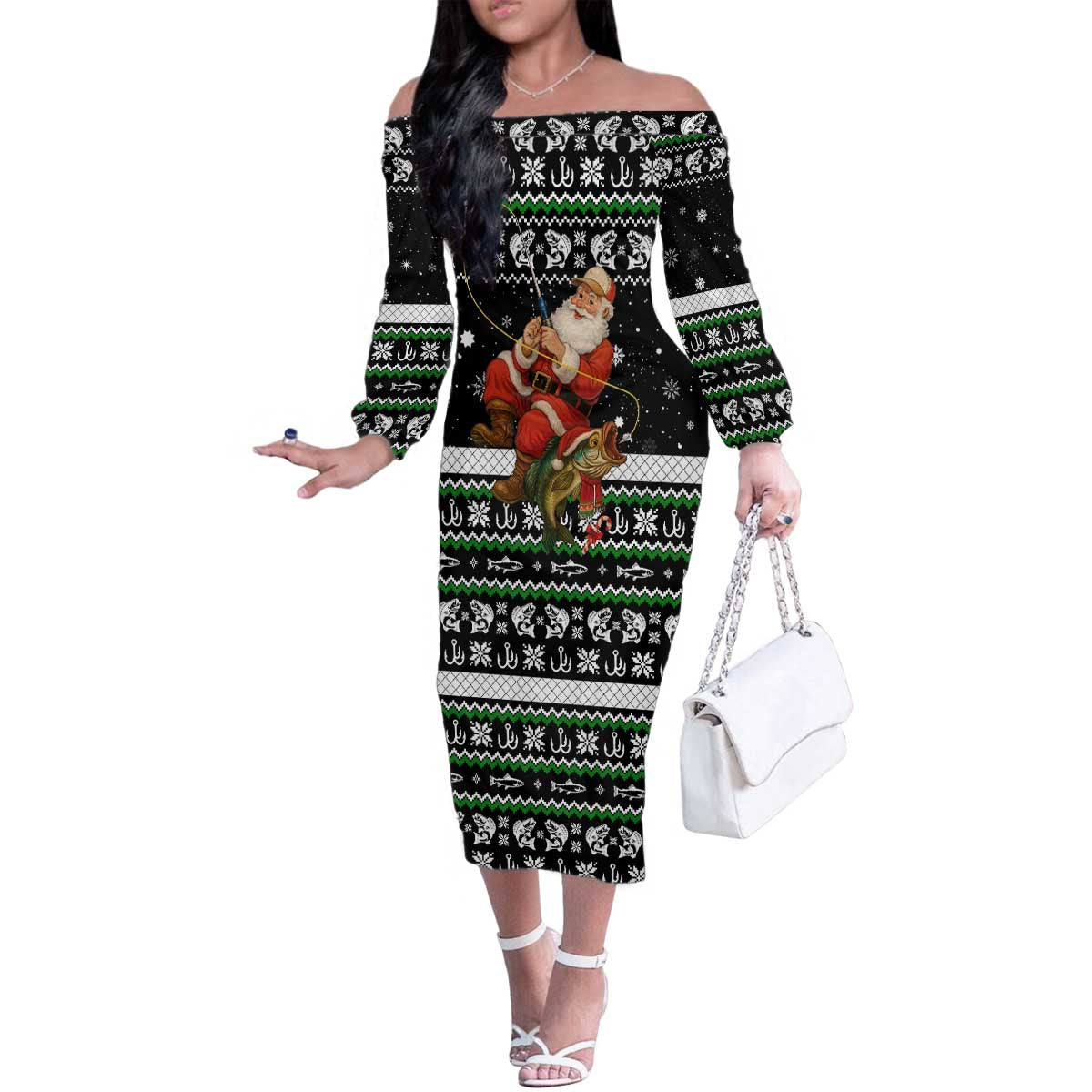 Santa Claus Fishing Christmas Family Matching Off The Shoulder Long Sleeve Dress and Hawaiian Shirt Xmas Holiday Patterns - Wonder Print Shop