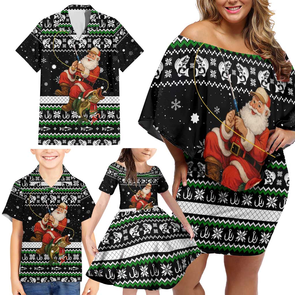 Santa Claus Fishing Christmas Family Matching Off Shoulder Short Dress and Hawaiian Shirt Xmas Holiday Patterns - Wonder Print Shop