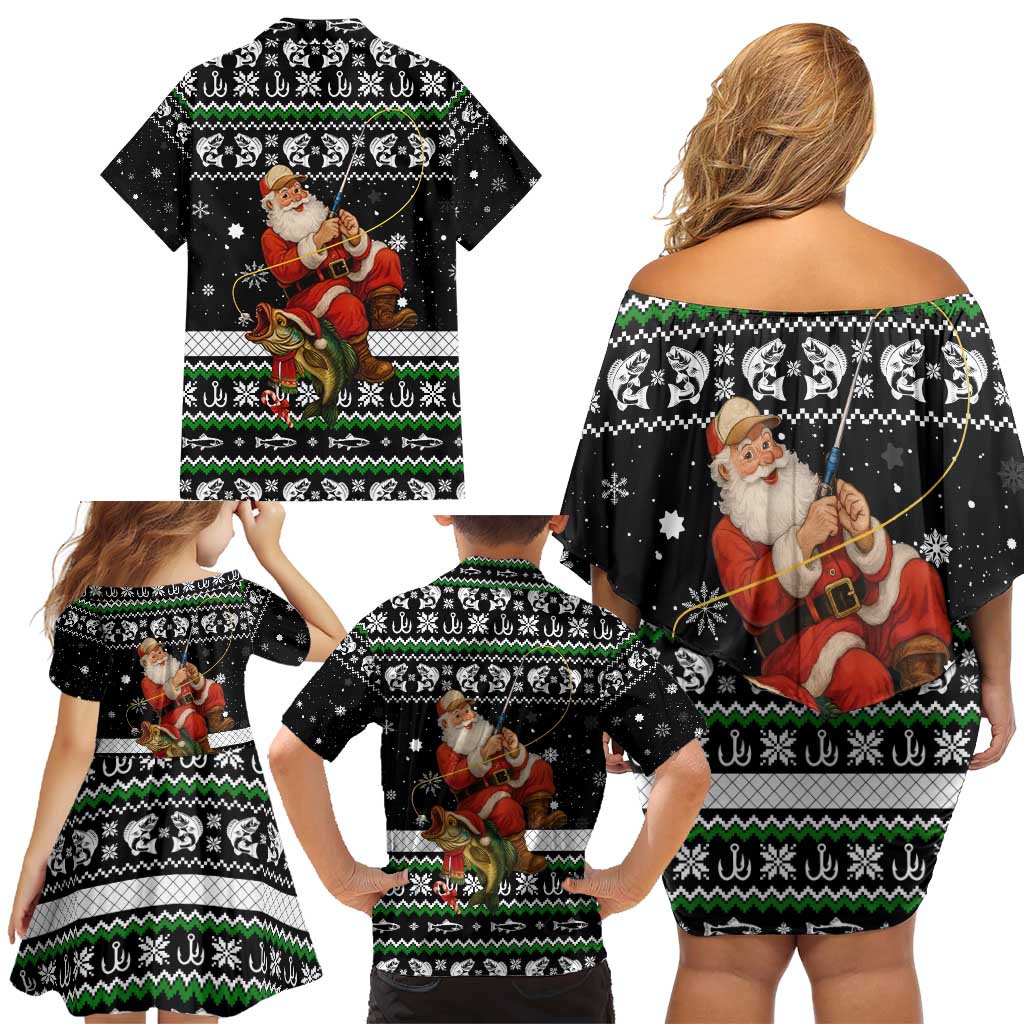 Santa Claus Fishing Christmas Family Matching Off Shoulder Short Dress and Hawaiian Shirt Xmas Holiday Patterns - Wonder Print Shop