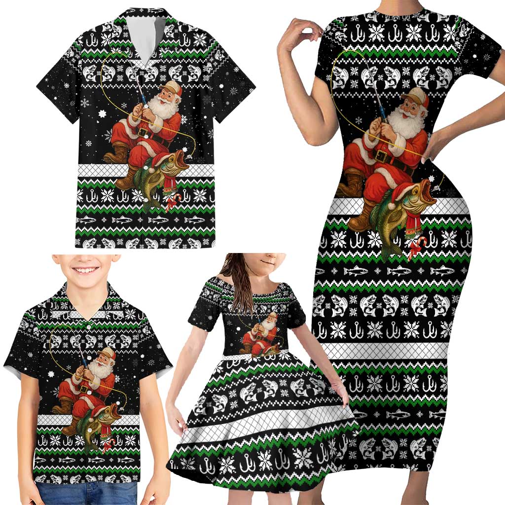 Santa Claus Fishing Christmas Family Matching Short Sleeve Bodycon Dress and Hawaiian Shirt Xmas Holiday Patterns - Wonder Print Shop