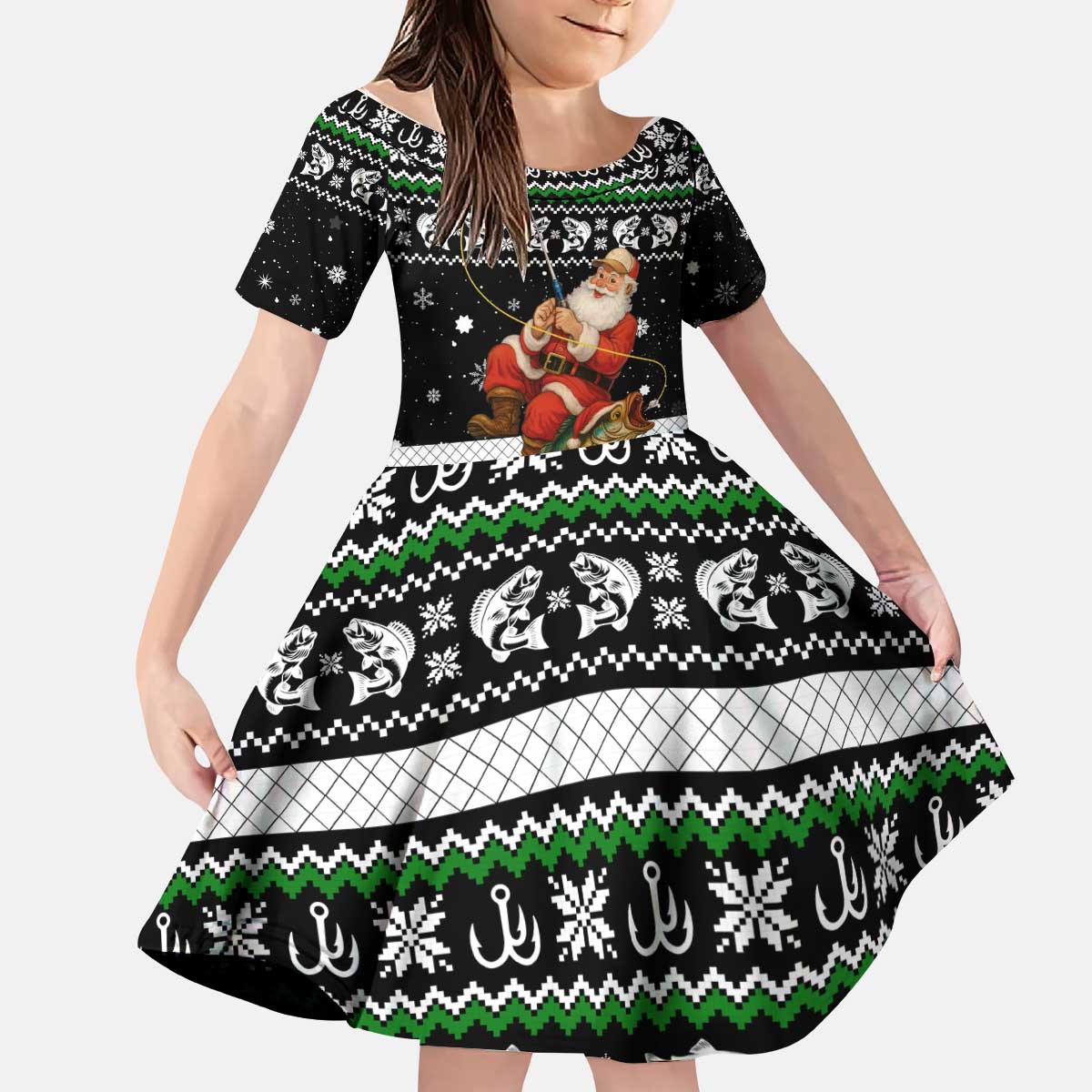 Santa Claus Fishing Christmas Kid Short Sleeve Dress Xmas Holiday Patterns - Wonder Print Shop