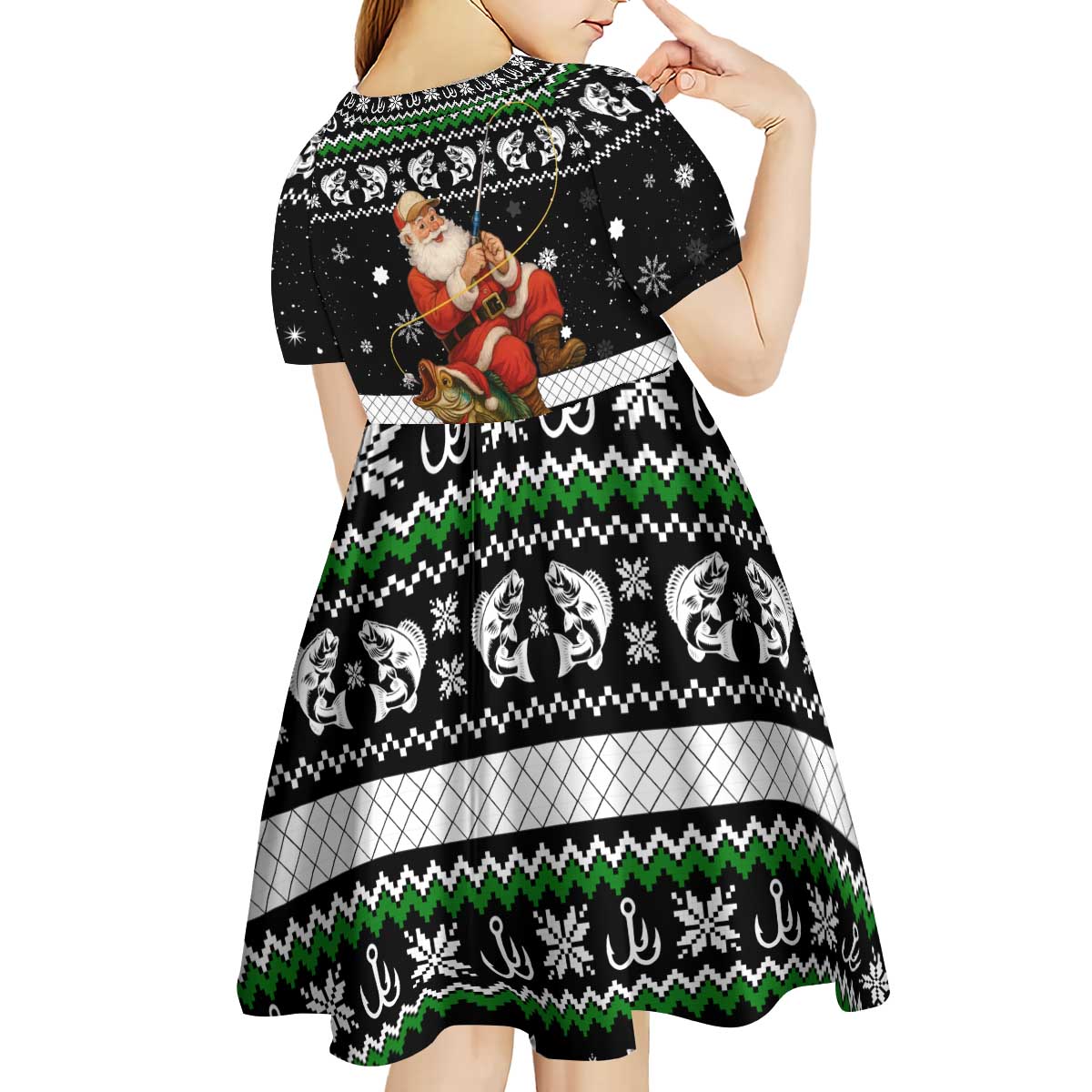 Santa Claus Fishing Christmas Kid Short Sleeve Dress Xmas Holiday Patterns - Wonder Print Shop