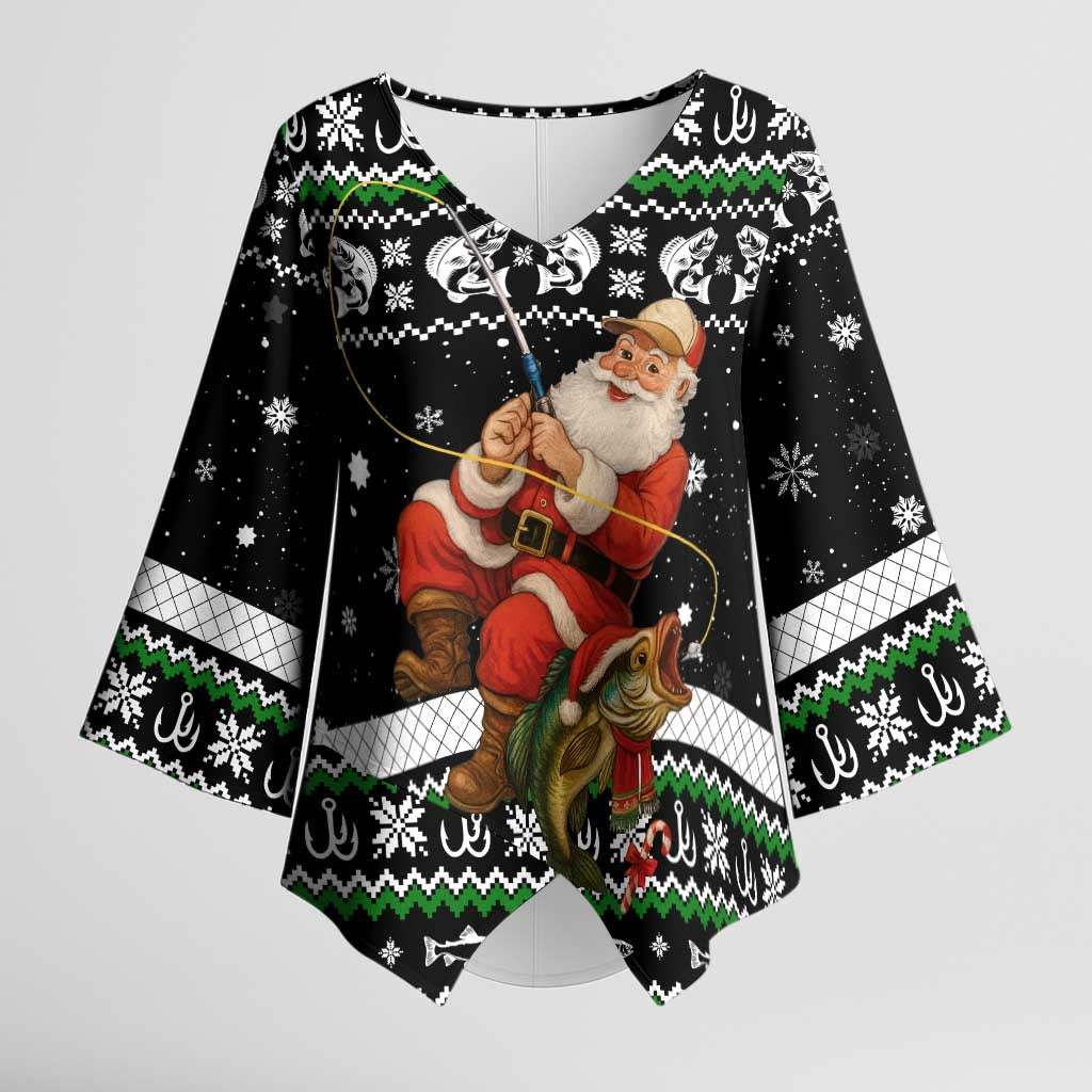 Santa Claus Fishing Christmas Kimono Sleeve Blouse Xmas Holiday Patterns - Wonder Print Shop