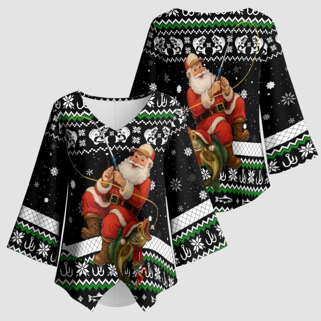 Santa Claus Fishing Christmas Kimono Sleeve Blouse Xmas Holiday Patterns - Wonder Print Shop