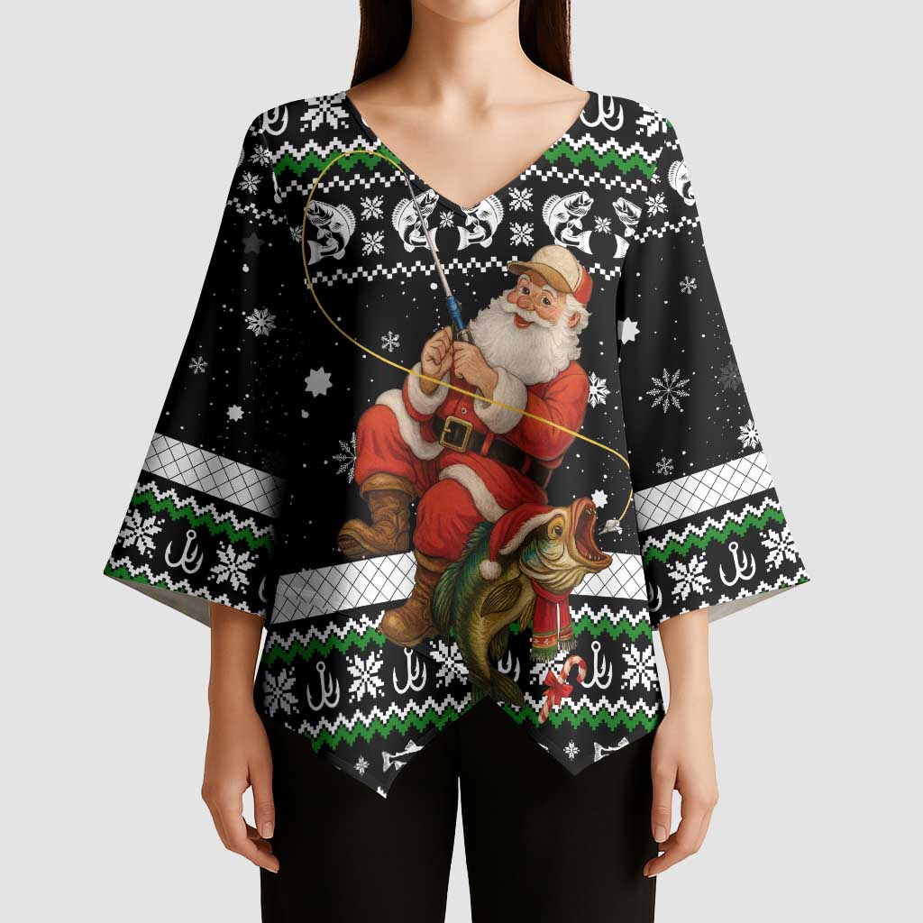 Santa Claus Fishing Christmas Kimono Sleeve Blouse Xmas Holiday Patterns - Wonder Print Shop