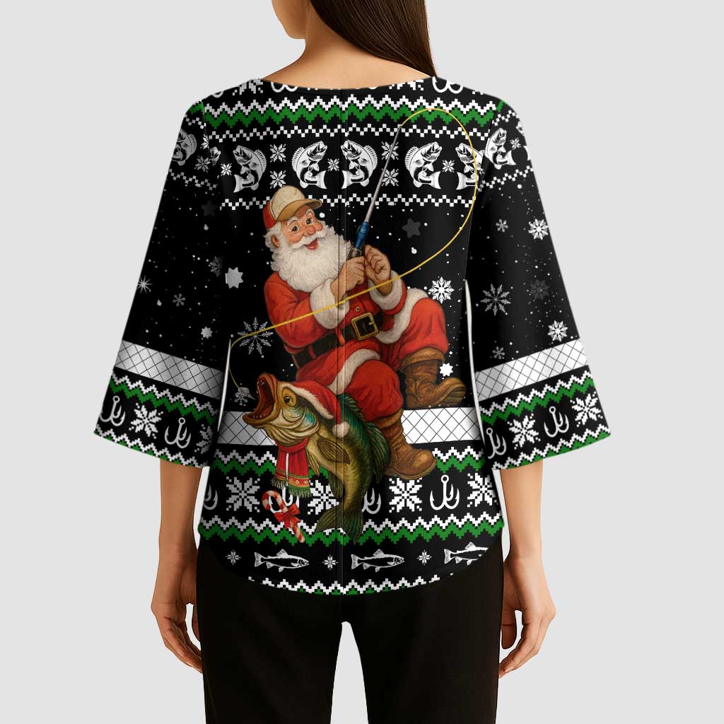 Santa Claus Fishing Christmas Kimono Sleeve Blouse Xmas Holiday Patterns - Wonder Print Shop