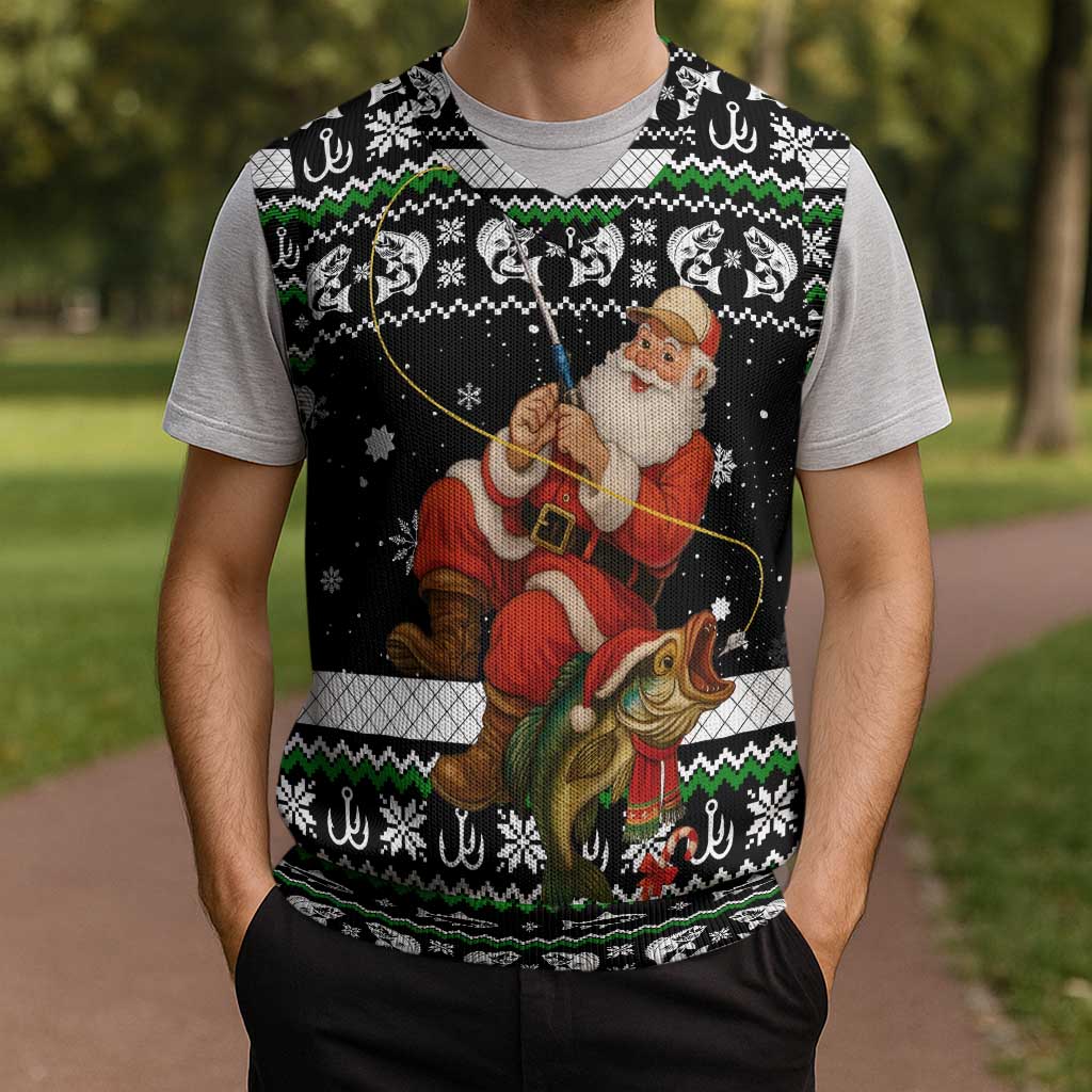 Santa Claus Fishing Christmas Knitted V-Neck Vest Xmas Holiday Patterns - Wonder Print Shop