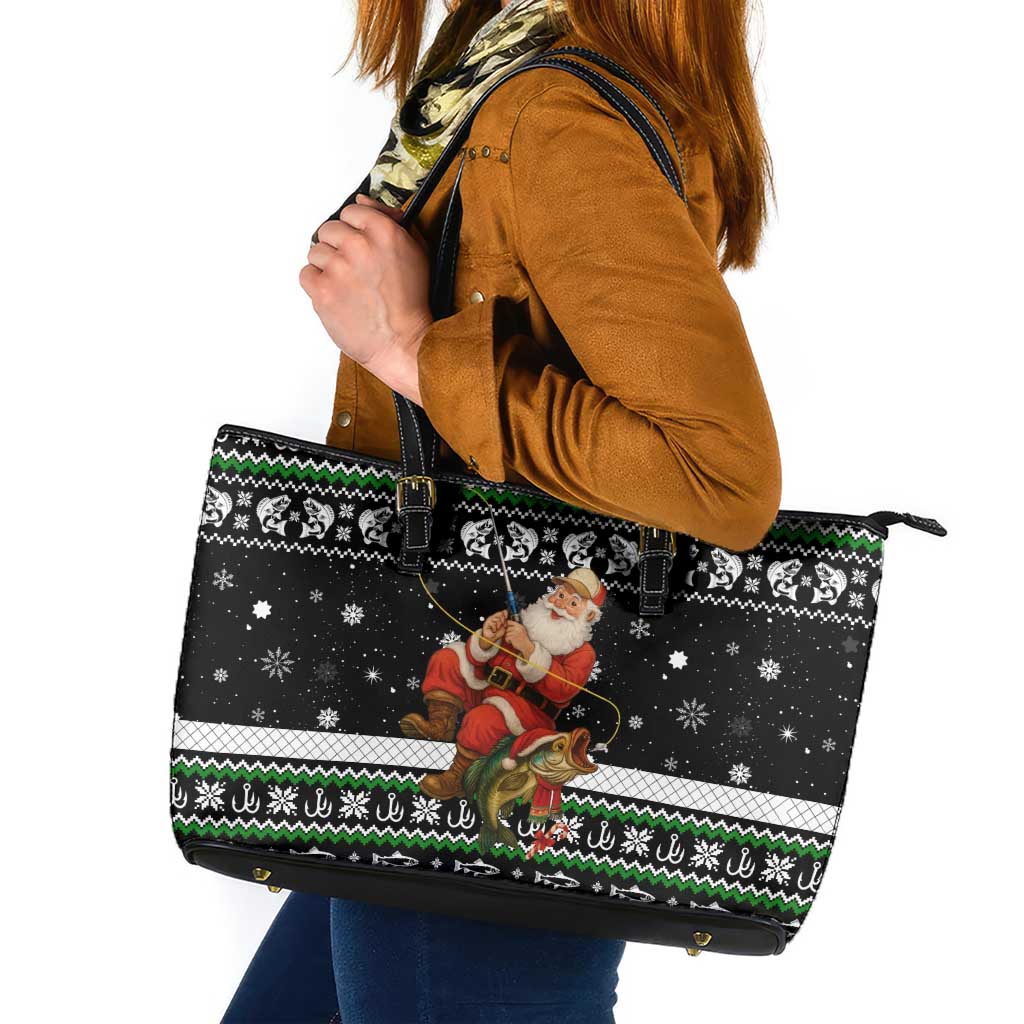 Santa Claus Fishing Christmas Leather Tote Bag Xmas Holiday Patterns - Wonder Print Shop