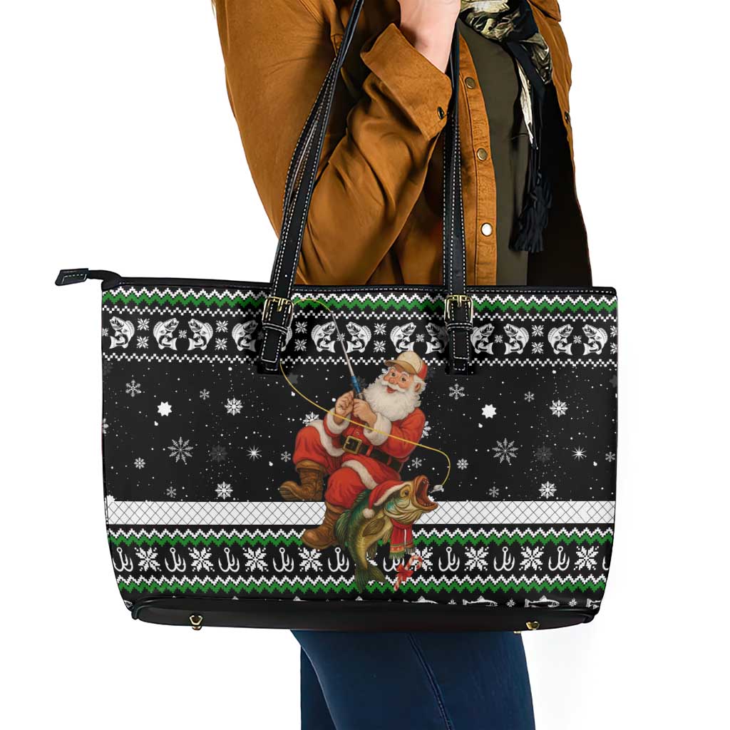 Santa Claus Fishing Christmas Leather Tote Bag Xmas Holiday Patterns - Wonder Print Shop