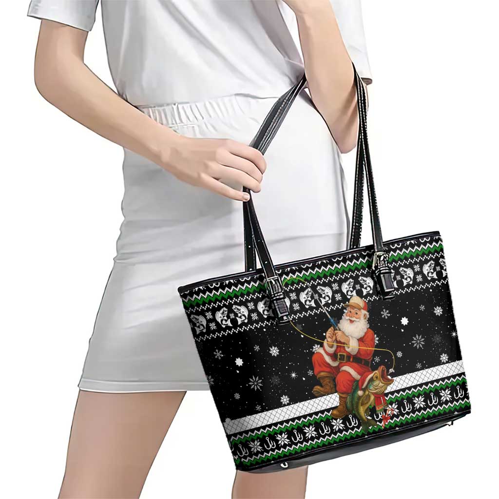 Santa Claus Fishing Christmas Leather Tote Bag Xmas Holiday Patterns - Wonder Print Shop