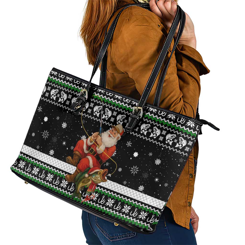 Santa Claus Fishing Christmas Leather Tote Bag Xmas Holiday Patterns - Wonder Print Shop