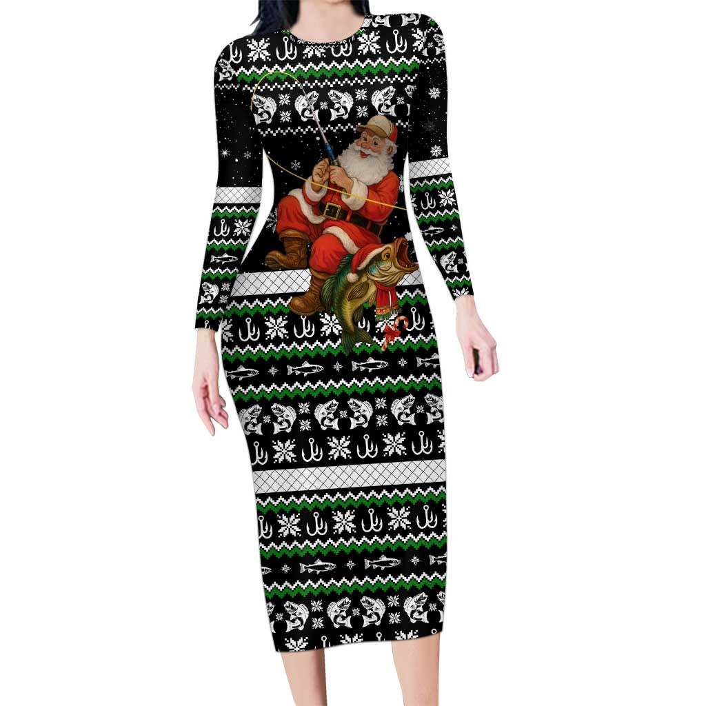 Santa Claus Fishing Christmas Long Sleeve Bodycon Dress Xmas Holiday Patterns - Wonder Print Shop