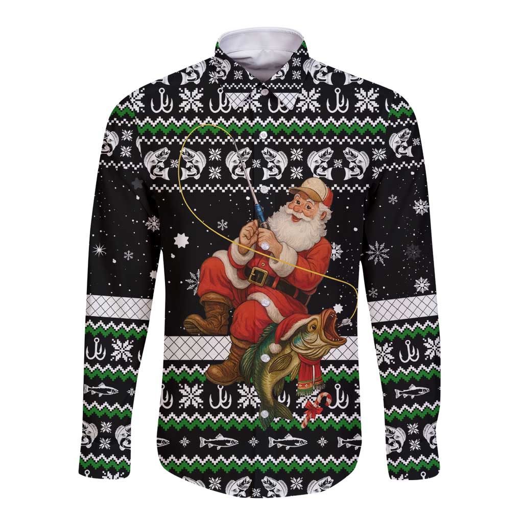 Santa Claus Fishing Christmas Long Sleeve Button Shirt Xmas Holiday Patterns - Wonder Print Shop