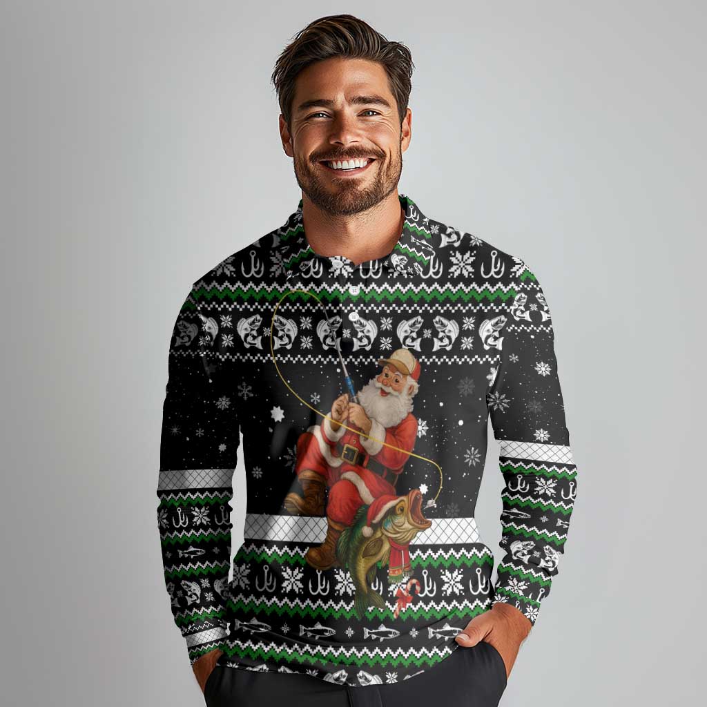 Santa Claus Fishing Christmas Long Sleeve Polo Shirt Xmas Holiday Patterns - Wonder Print Shop