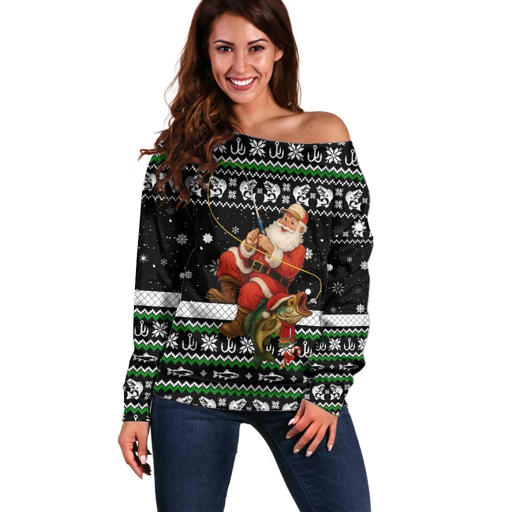 Santa Claus Fishing Christmas Off Shoulder Sweater Xmas Holiday Patterns - Wonder Print Shop