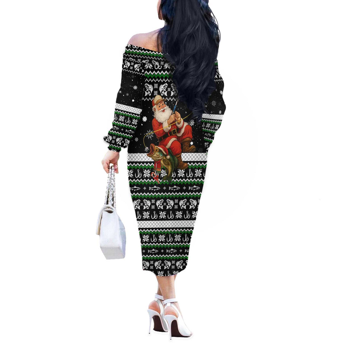Santa Claus Fishing Christmas Off The Shoulder Long Sleeve Dress Xmas Holiday Patterns - Wonder Print Shop
