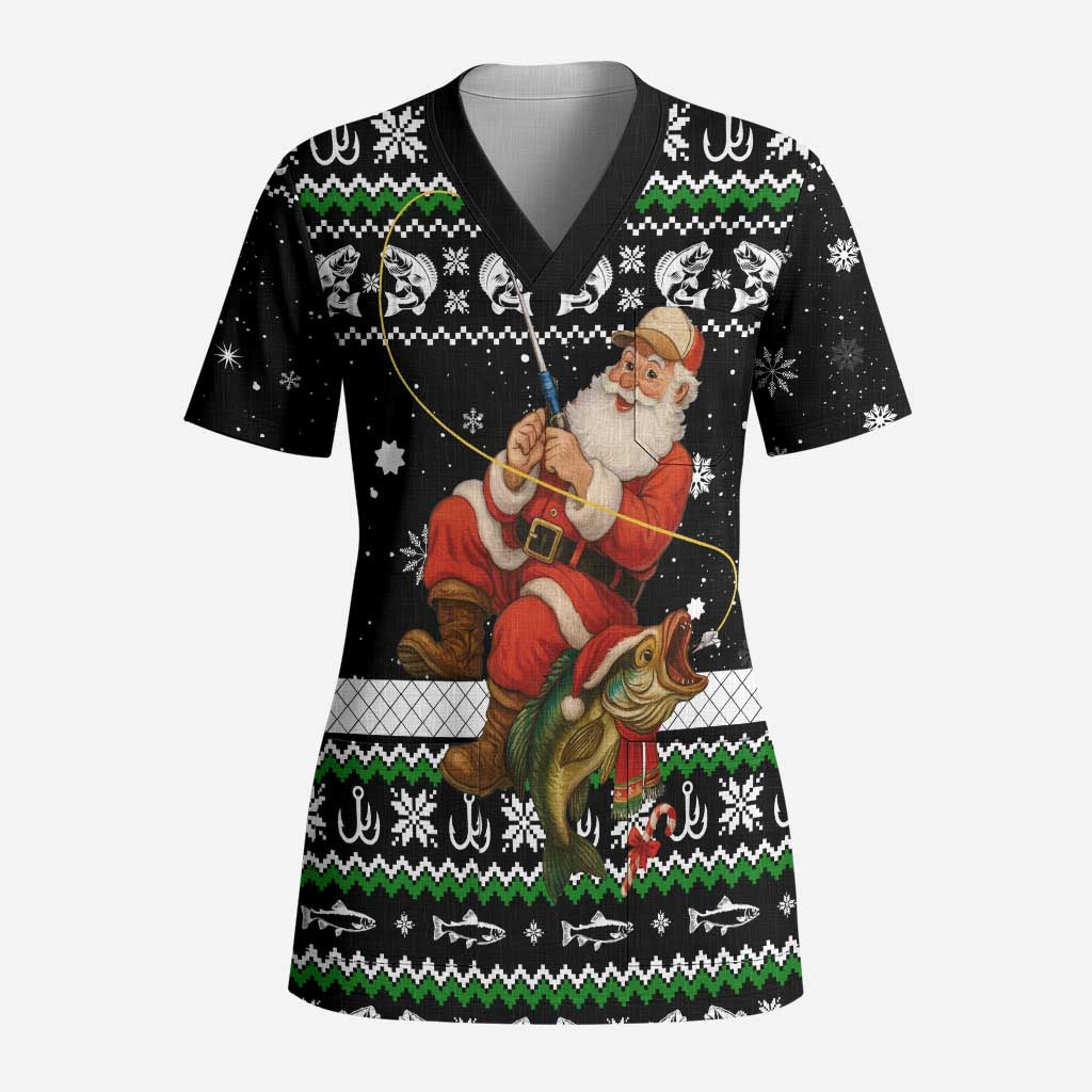 Santa Claus Fishing Christmas Scrub Top Xmas Holiday Patterns - Wonder Print Shop