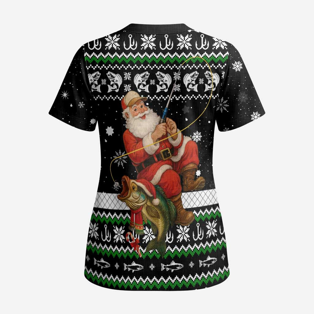 Santa Claus Fishing Christmas Scrub Top Xmas Holiday Patterns - Wonder Print Shop