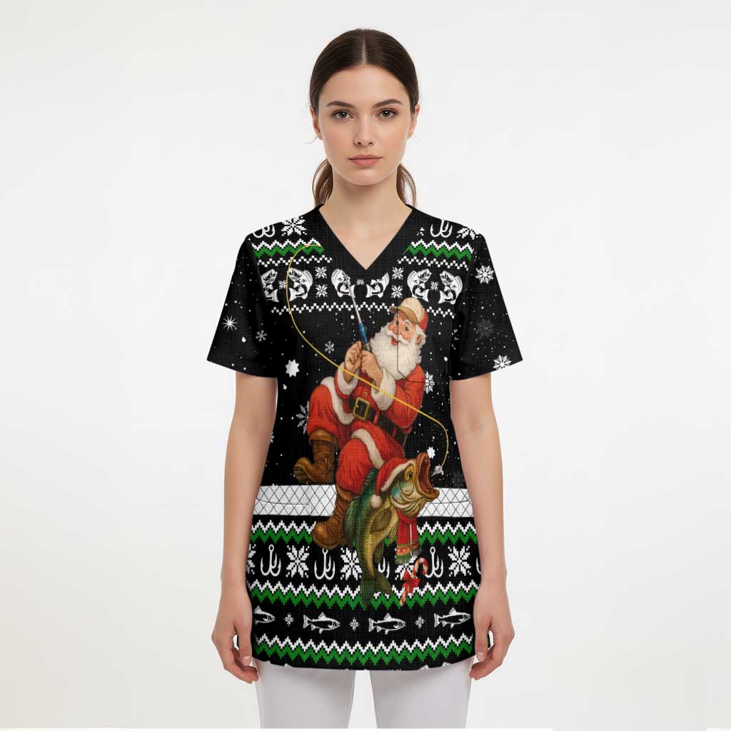 Santa Claus Fishing Christmas Scrub Top Xmas Holiday Patterns - Wonder Print Shop