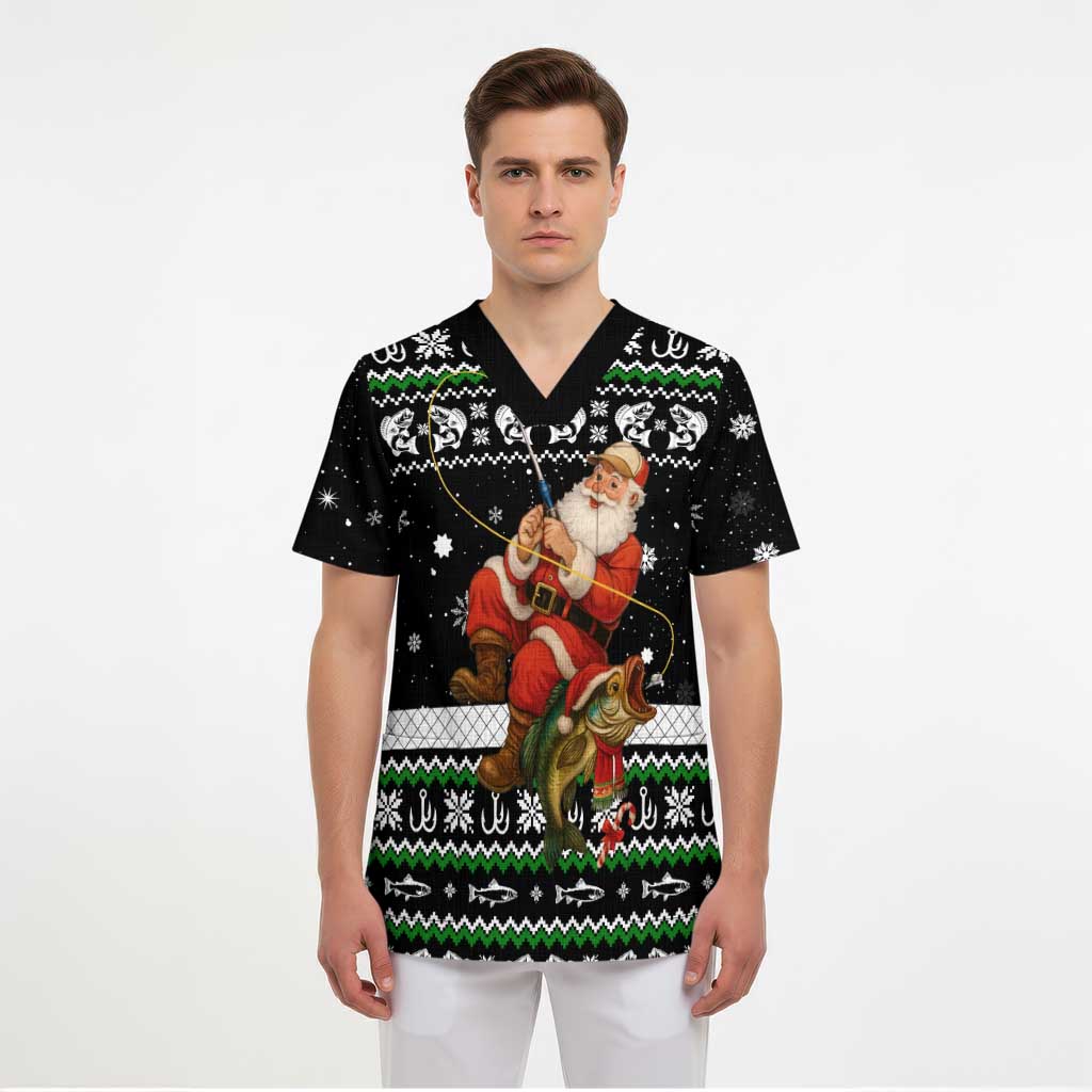 Santa Claus Fishing Christmas Scrub Top Xmas Holiday Patterns - Wonder Print Shop