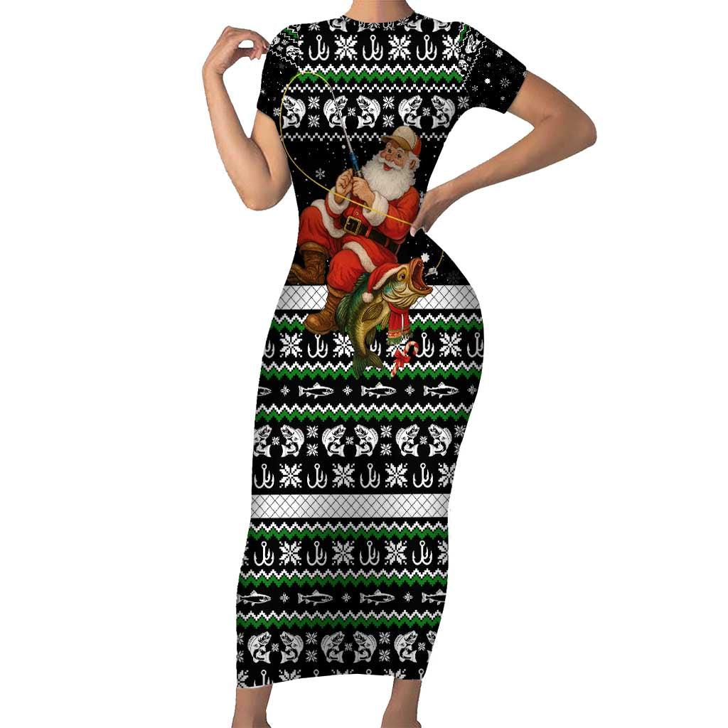 Santa Claus Fishing Christmas Short Sleeve Bodycon Dress Xmas Holiday Patterns - Wonder Print Shop