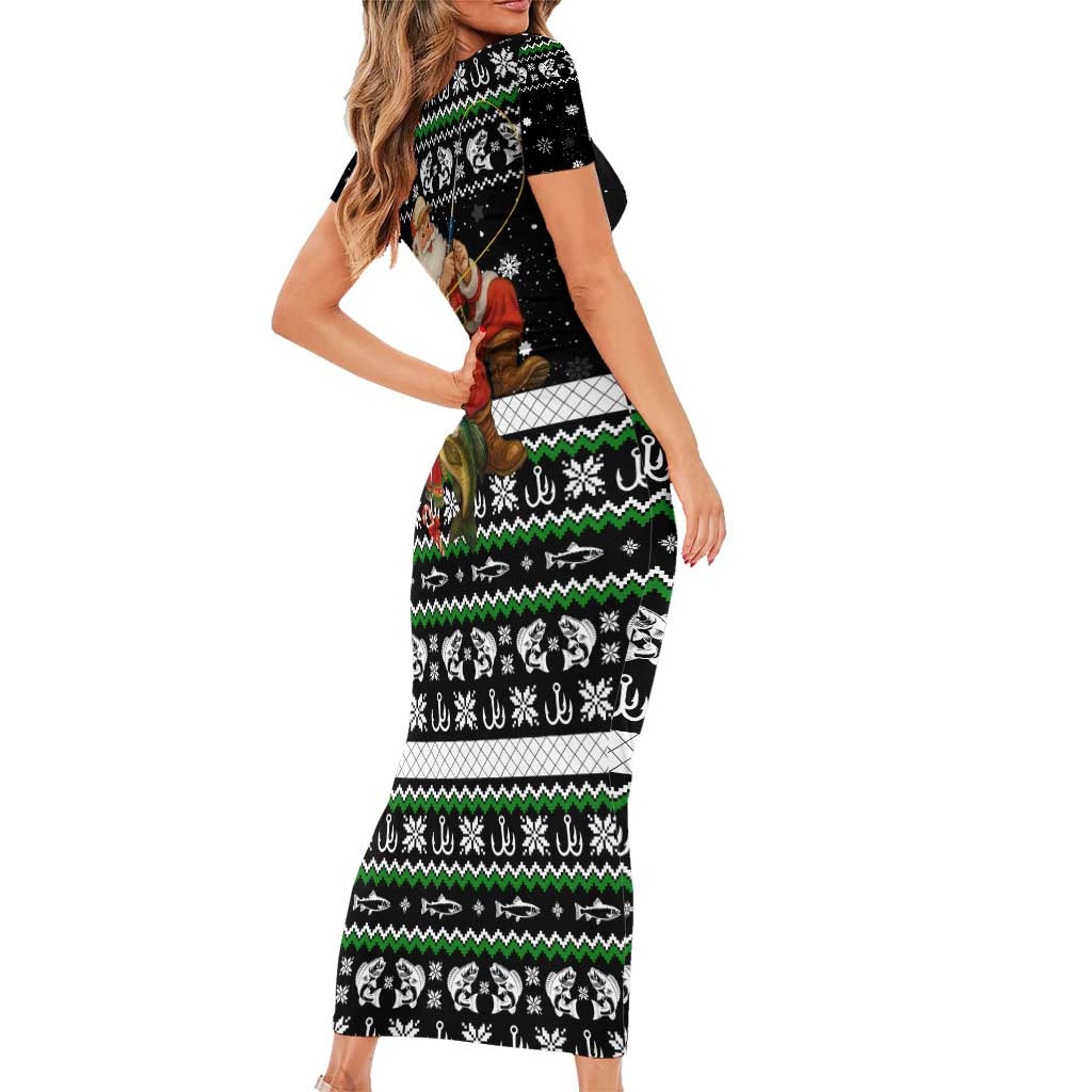 Santa Claus Fishing Christmas Short Sleeve Bodycon Dress Xmas Holiday Patterns - Wonder Print Shop