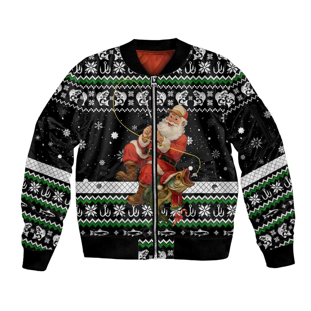 Santa Claus Fishing Christmas Sleeve Zip Bomber Jacket Xmas Holiday Patterns - Wonder Print Shop