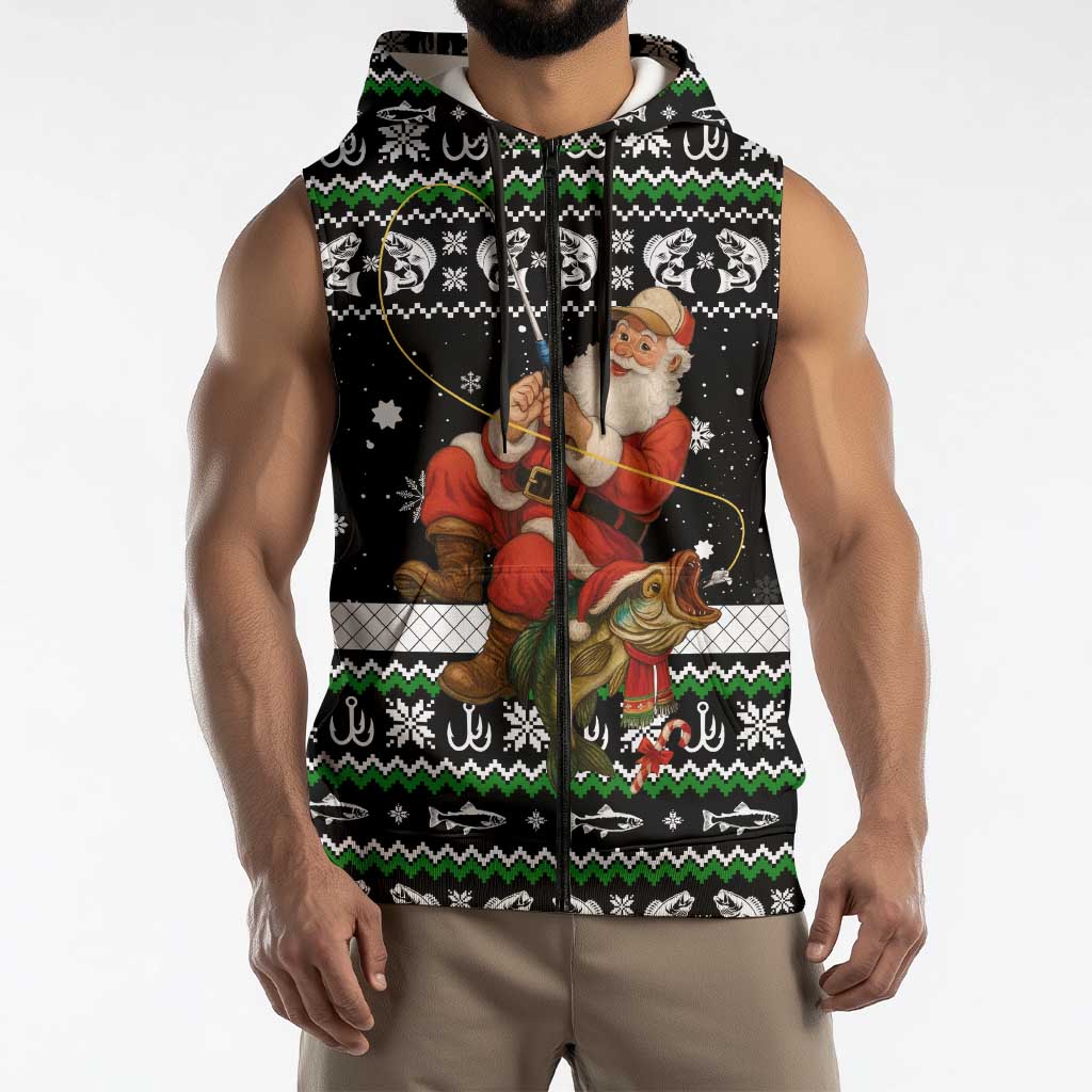 Santa Claus Fishing Christmas Sleeveless Zip Hoodie Xmas Holiday Patterns - Wonder Print Shop