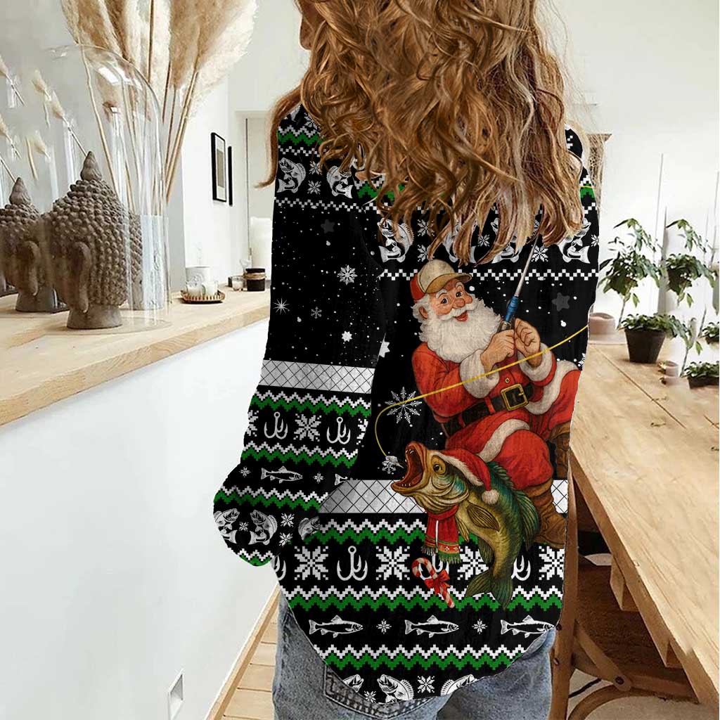 Santa Claus Fishing Christmas Women Casual Shirt Xmas Holiday Patterns - Wonder Print Shop